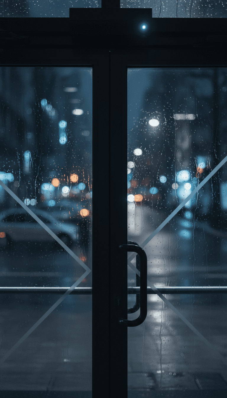 玻璃門在機身控制下緩慢閉合,戶外雨景朦朧,油壓關門器無聲運作