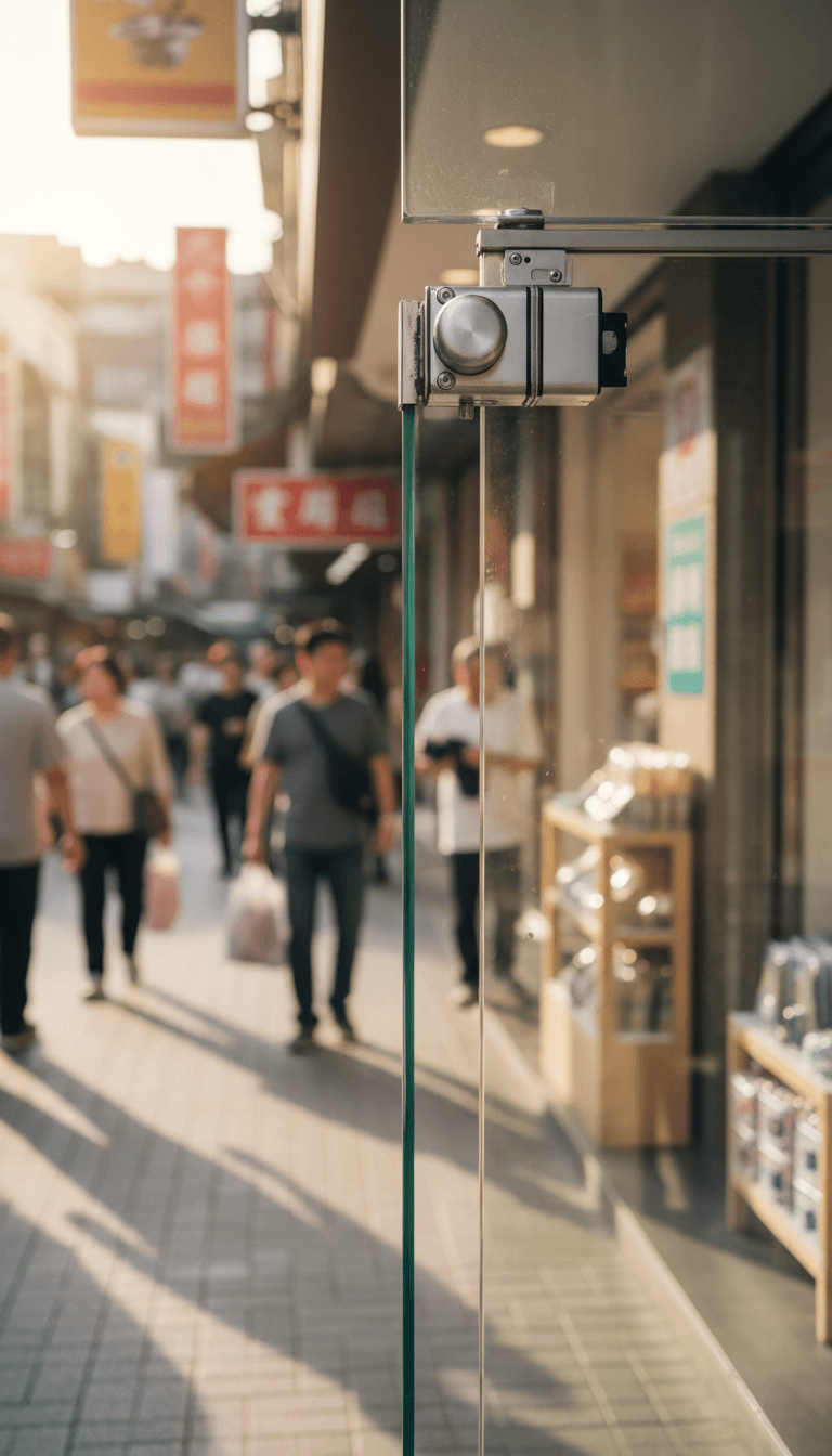 台中某零售店面安裝的GCC油壓關門器特寫,門體微開,金屬機身與玻璃門面形成對比