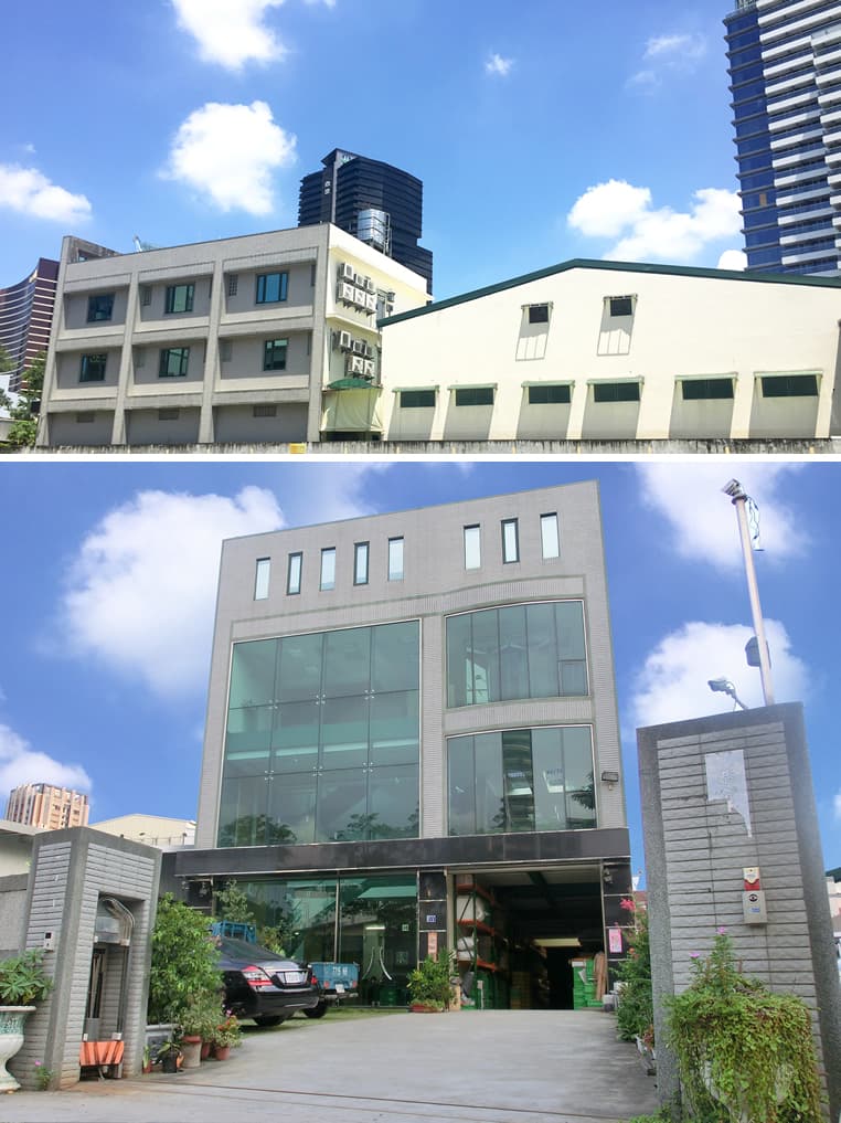 蓝天白云下,一座灰色现代办公楼和相邻的白色仓库建筑。